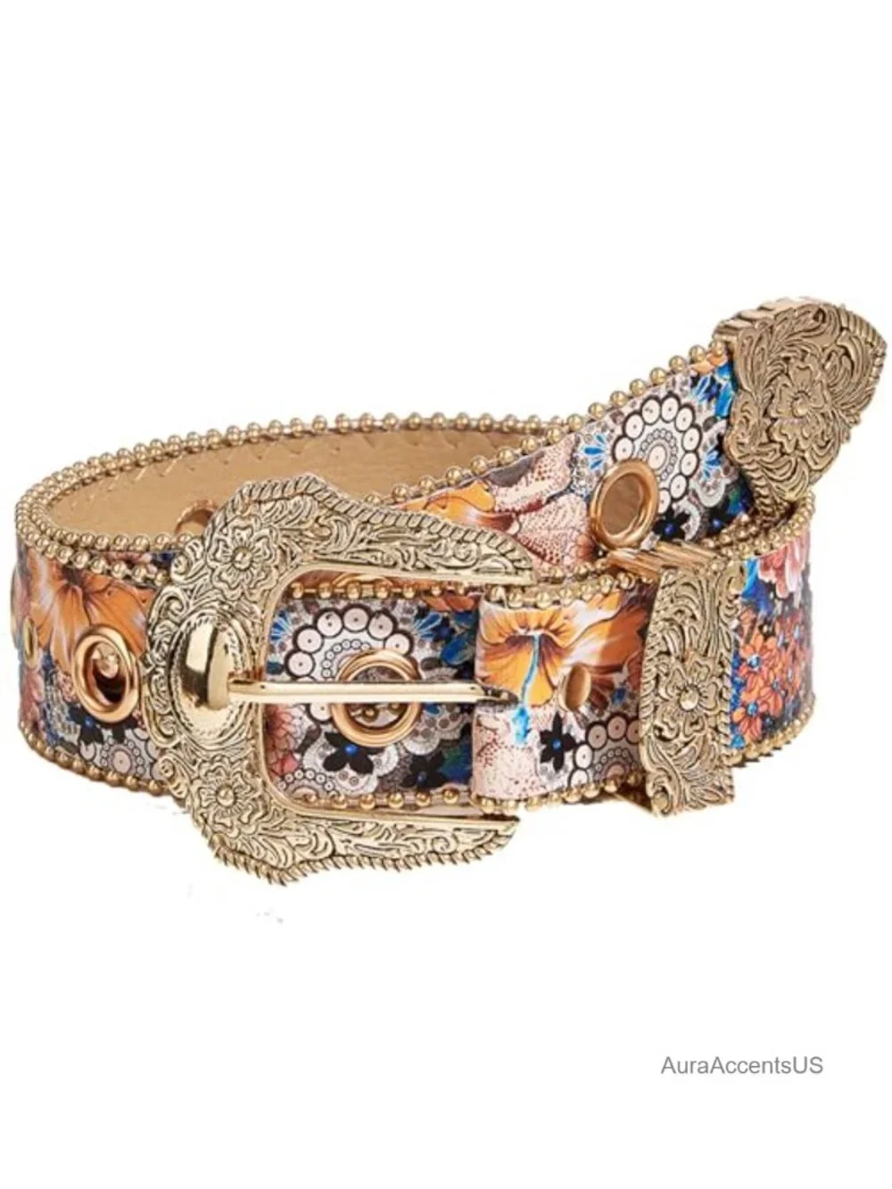 Vintage Western Belt Faux Leather Floral Carved Buckle Cowgirl Waist